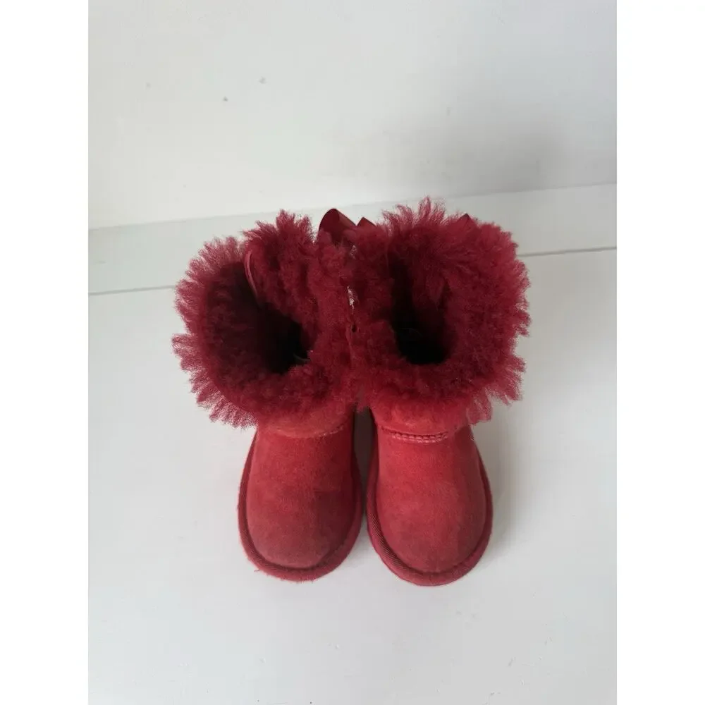 UGG Bailey Bow Boots Toddler Girls 7 Red Suede Sheepskin Fur